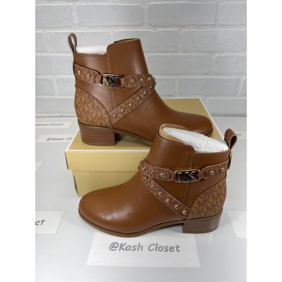 Michael Kors Kincaid Leather and Studded Logo Ankle Boot - Luggage Size-7M - Picture 1 of 12